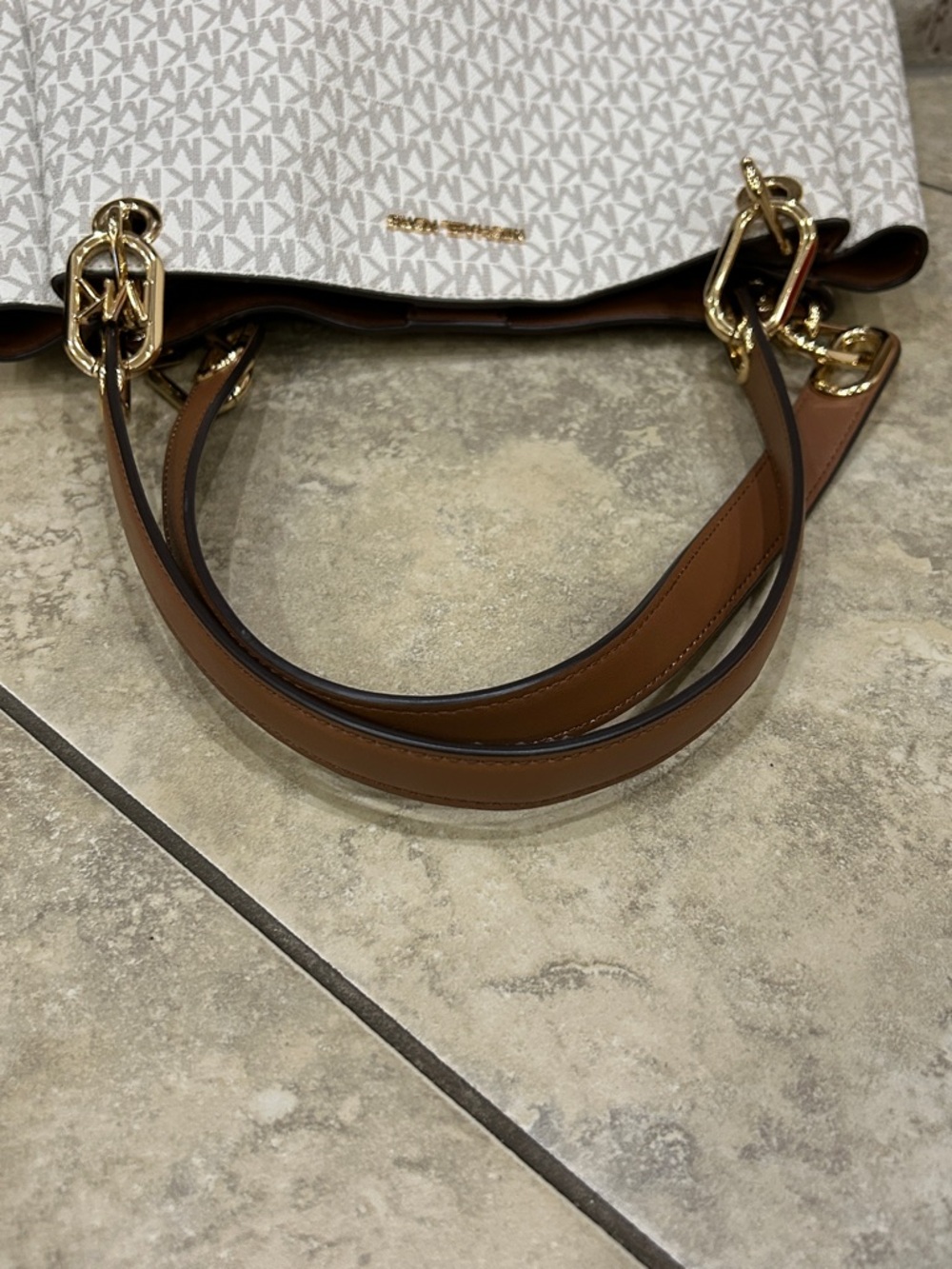 Michael Kors Cream and Brown Logo-Print Tote with Gold Hardware - Picture 9 of 11